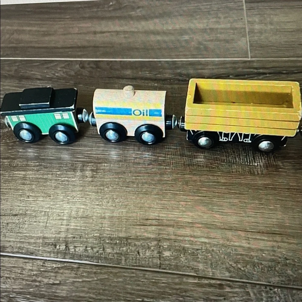 6 Small Wooden Train Cars and 19 pcs of track